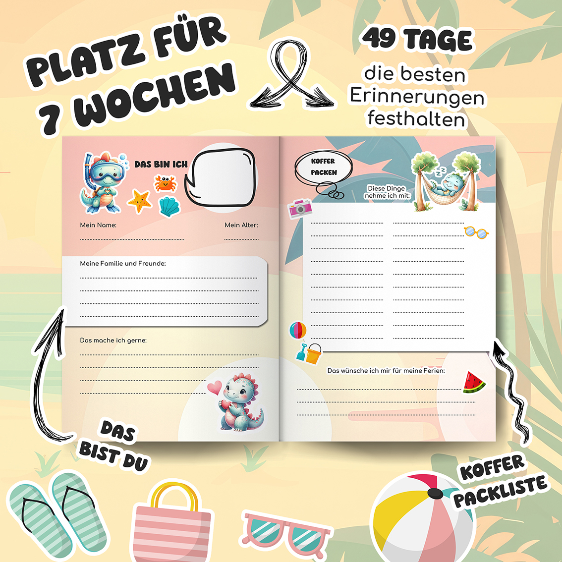 Endlich Sommerferien! Das Abenteuer beginnt! Das bunte Ferientagebuch für die besten Erinnerungen - Dino Ausmalseite - Barbara Lachner - Autorin und Fotografin - Barbara Lachner Blog-Halte die schönen Urlaubserlebnisse in diesem liebevoll gestalteten Dino-Tagebuch fest. Mit diesem bunten Ferientagebuch wird jeder Ferientag zu einer neuen Entdeckungsreise voller Spaß und Kreativität!